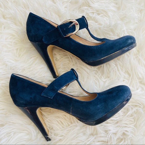 Franco Sarto | Blue Suede T-Strap Heels - Picture 6 of 6
